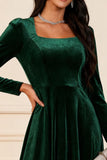 Dark Green A Line Velvet Midi Glitter Holiday Party Dress with Sleeves Dark Green A Line Velvet Midi Glitter Holiday Party Dress with Sleeves