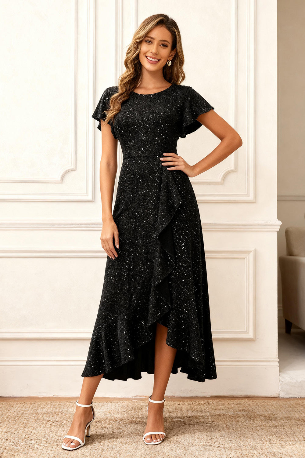 Zapakasa Women Black Midi Glitter Holiday Party Dress with Sleeves