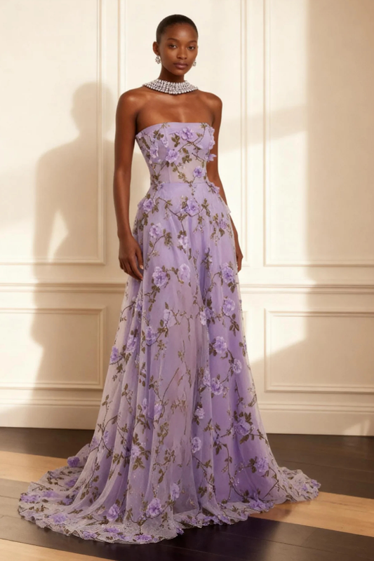 Purple Strapless A Line Floral Corset Long Prom Dress