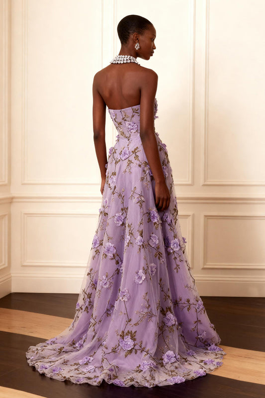 Purple Strapless A Line Floral Corset Long Prom Dress