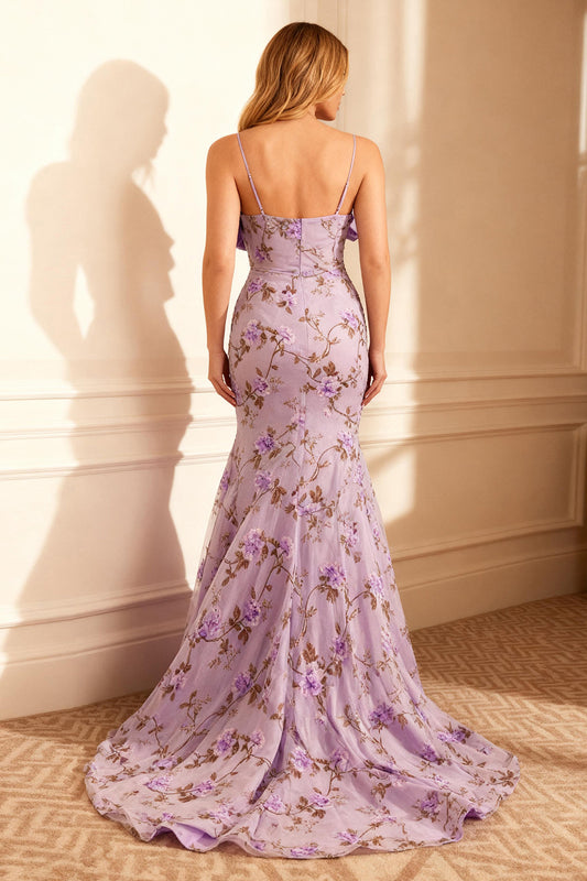 Floral Purple Mermaid Embroidery Long Prom Dress with Bow