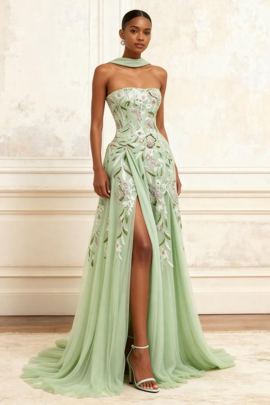 Floral Dusty Sage Tulle A Line Neck Scarf Long Prom Dress with Slit