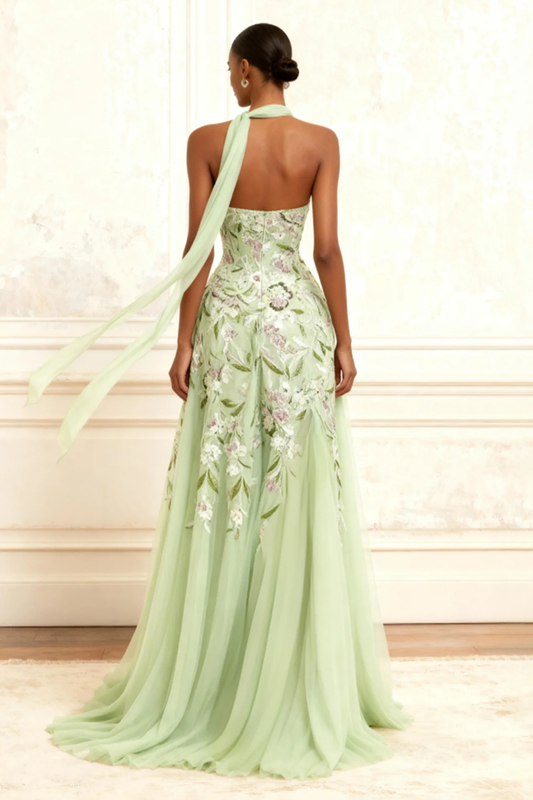 Floral Dusty Sage Tulle A Line Neck Scarf Long Prom Dress with Slit