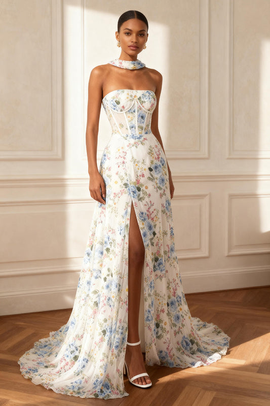 Floral White A Line Neck Scarf Long Corset Prom Dress with Slit