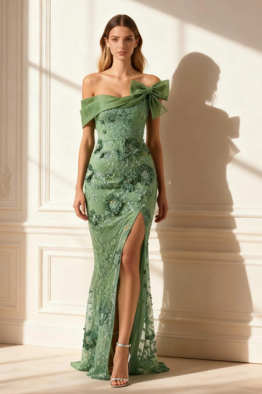 Floral Eucalyptus Mermaid Off The Shoulder Long Prom Dress with Slit