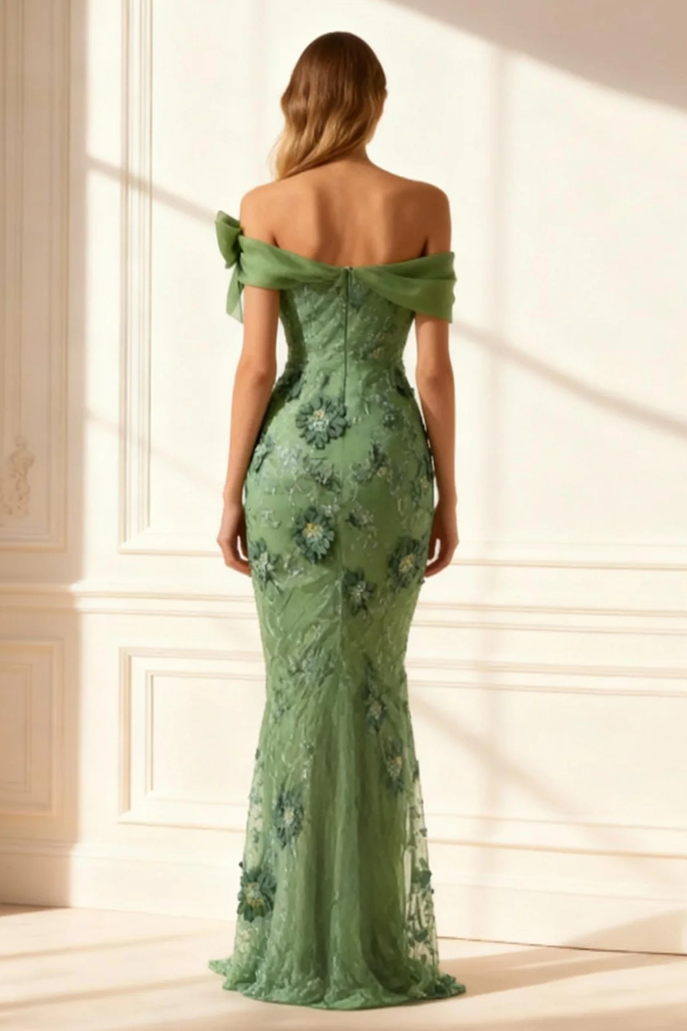 Floral Eucalyptus Mermaid Off The Shoulder Long Prom Dress with Slit Floral Eucalyptus Mermaid Off The Shoulder Long Prom Dress with Slit
