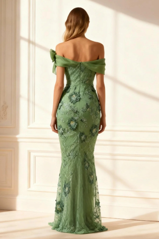 Floral Eucalyptus Mermaid Off The Shoulder Long Prom Dress with Slit