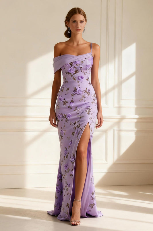 Floral Purple Mermaid Spaghetti Straps Long Prom Dress with Slit