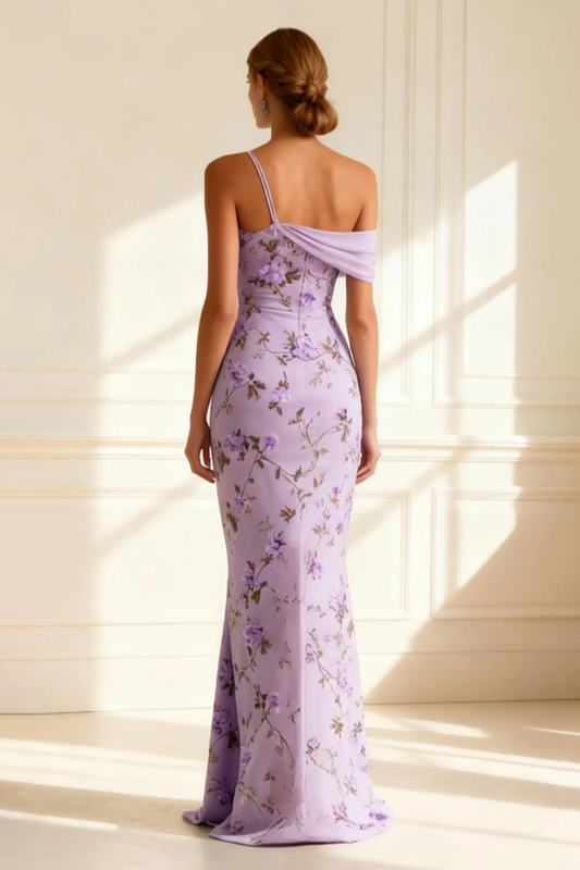 Floral Purple Mermaid Spaghetti Straps Long Prom Dress with Slit
