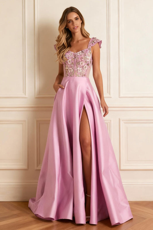 Floral Candy Pink Satin A Line Long Corset Prom Dress with Slit