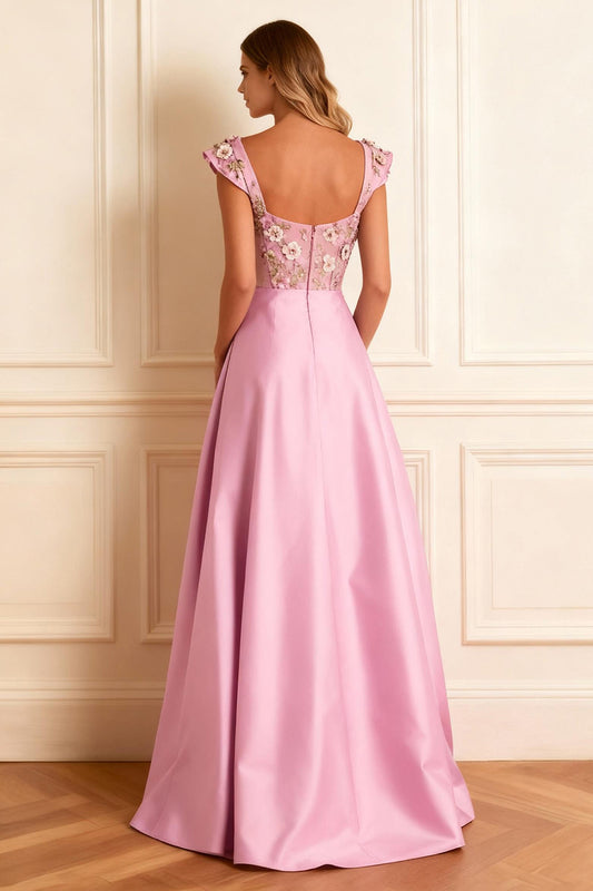Floral Candy Pink Satin A Line Long Corset Prom Dress with Slit