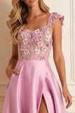 Floral Candy Pink Satin A Line Long Corset Prom Dress with Slit Floral Candy Pink Satin A Line Long Corset Prom Dress with Slit