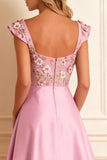 Floral Candy Pink Satin A Line Long Corset Prom Dress with Slit Floral Candy Pink Satin A Line Long Corset Prom Dress with Slit