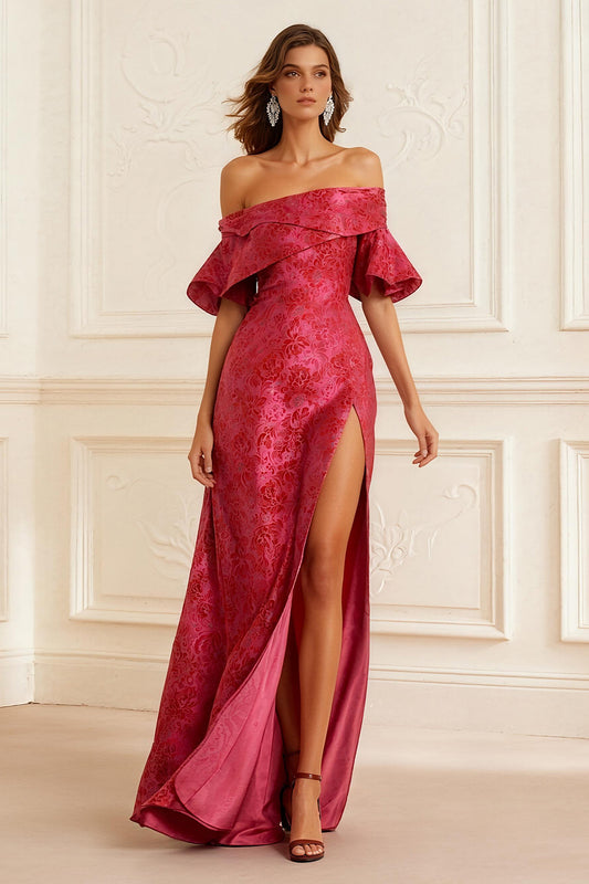 Rust Jacquard Sheath Off the Shoulder Long Prom Dress with Slit