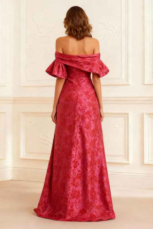 Rust Jacquard Sheath Off the Shoulder Long Prom Dress with Slit