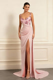 Floral Dusty Rose Satin Sheath Ruched Long Prom Dress with Slit Floral Dusty Rose Satin Sheath Ruched Long Prom Dress with Slit