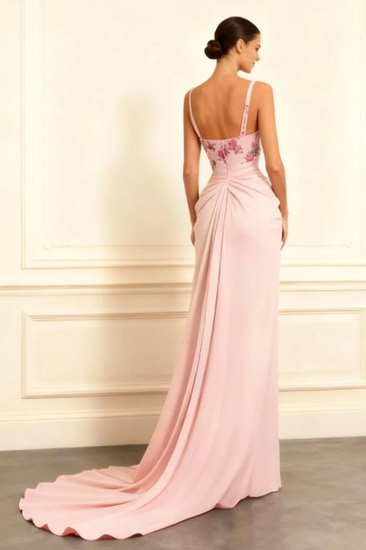 Floral Dusty Rose Satin Sheath Ruched Long Prom Dress with Slit