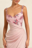 Floral Dusty Rose Satin Sheath Ruched Long Prom Dress with Slit Floral Dusty Rose Satin Sheath Ruched Long Prom Dress with Slit