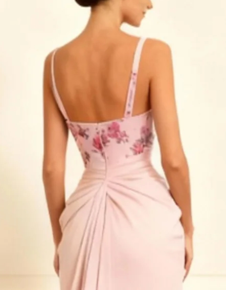 Floral Dusty Rose Satin Sheath Ruched Long Prom Dress with Slit Floral Dusty Rose Satin Sheath Ruched Long Prom Dress with Slit