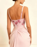 Floral Dusty Rose Satin Sheath Ruched Long Prom Dress with Slit Floral Dusty Rose Satin Sheath Ruched Long Prom Dress with Slit
