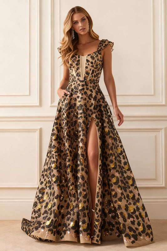 Sparkly Khaki Leopard A Line Long Corset Prom Dress with Slit