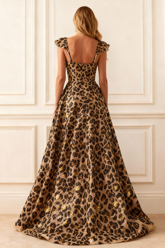 Sparkly Khaki Leopard A Line Long Corset Prom Dress with Slit