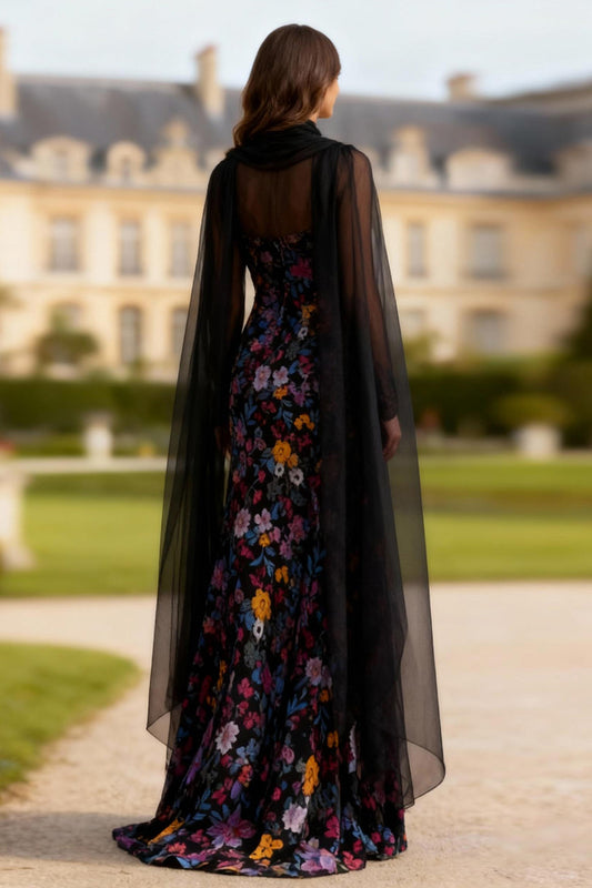 Black Floral Mermaid Long Sleeves Prom Dress with Slit