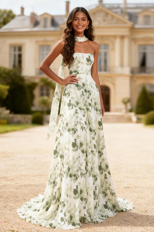 Dusty Sage Printed Floral Neck Scarf Long Prom Dress