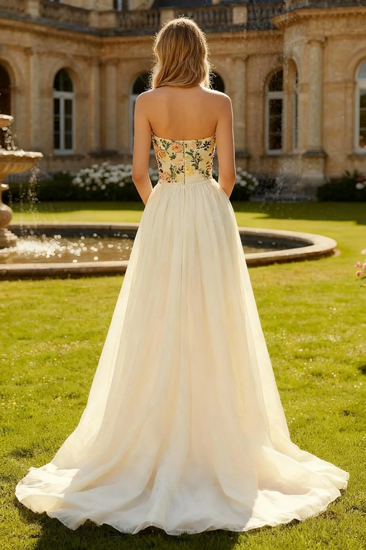 Champagne Strapless Floral A Line Long Prom Dress with Slit