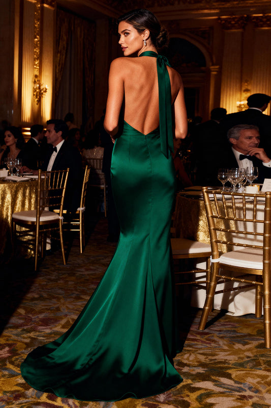 Dark Green Halter Mermaid Satin Long Prom Dress