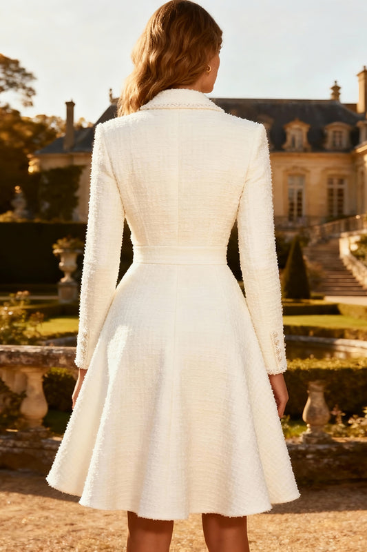 White Notched Lapel A Line Midi Blazer Dress with Buttons