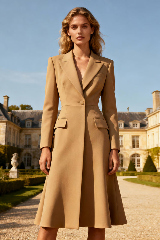 Khaki Peak Lapel A Line Midi Blazer Dress with Sleeves
