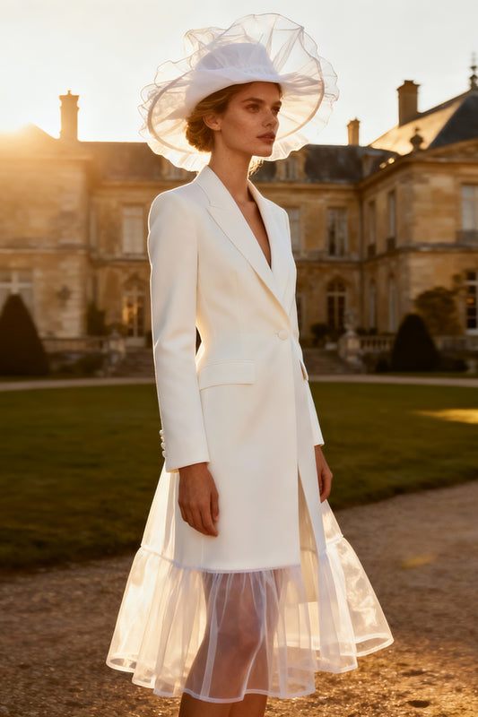 White A Line Peak Lapel Midi Blazer Wedding Dress