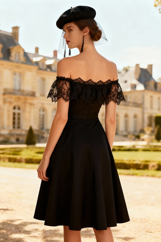 A-Line Off the Shoulder Little Black Dress with Lace