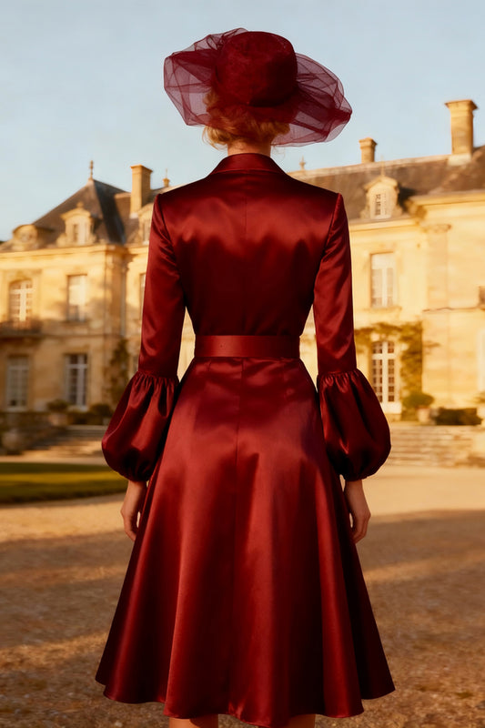 Burgundy Satin Peak Lapel Ruched Midi Blazer Dress with Belt