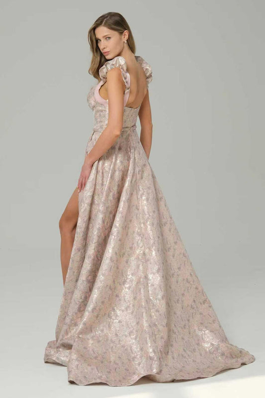 Pink Floral A Line Ruffled Long Corset Prom Dress with Slit