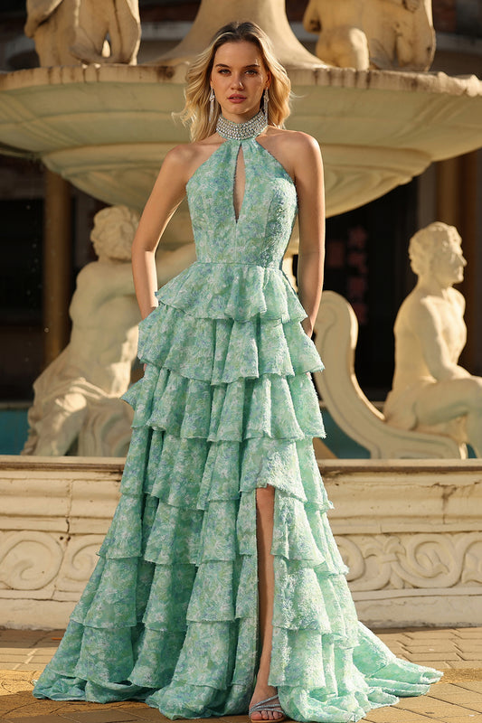 Sparkly Sage Green A Line Tiered Keyhole Long Prom Dress with Slit