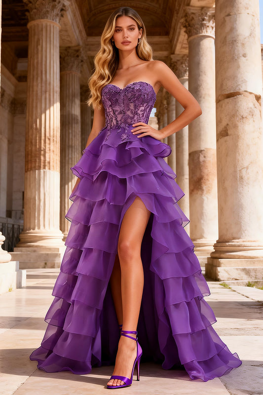 Purple Sweetheart Ruffled A Line Long Corset Prom Dress with Lace
