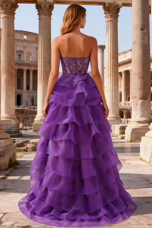 Purple Sweetheart Ruffled A Line Long Corset Prom Dress with Lace