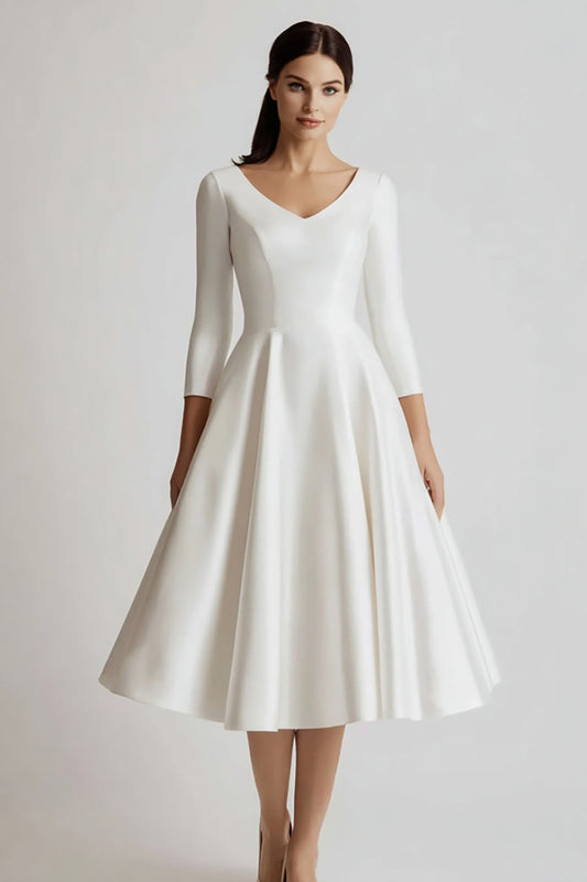 White V-Neck Satin A Line Midi Engagement Dress with Sleeves