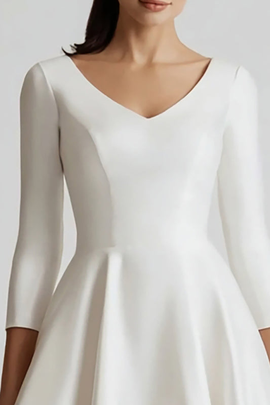 White V-Neck Satin A Line Midi Engagement Dress with Sleeves