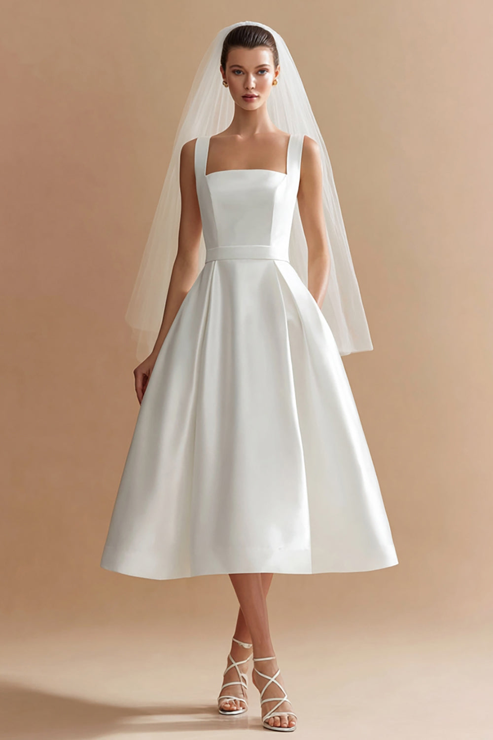Zapakasa Women White Satin A Line Midi Wedding Dress Thick Straps Sleeveless Engagement Dress Zapakasa Women White Satin A Line Midi Wedding Dress Thick Straps Sleeveless Engagement Dress