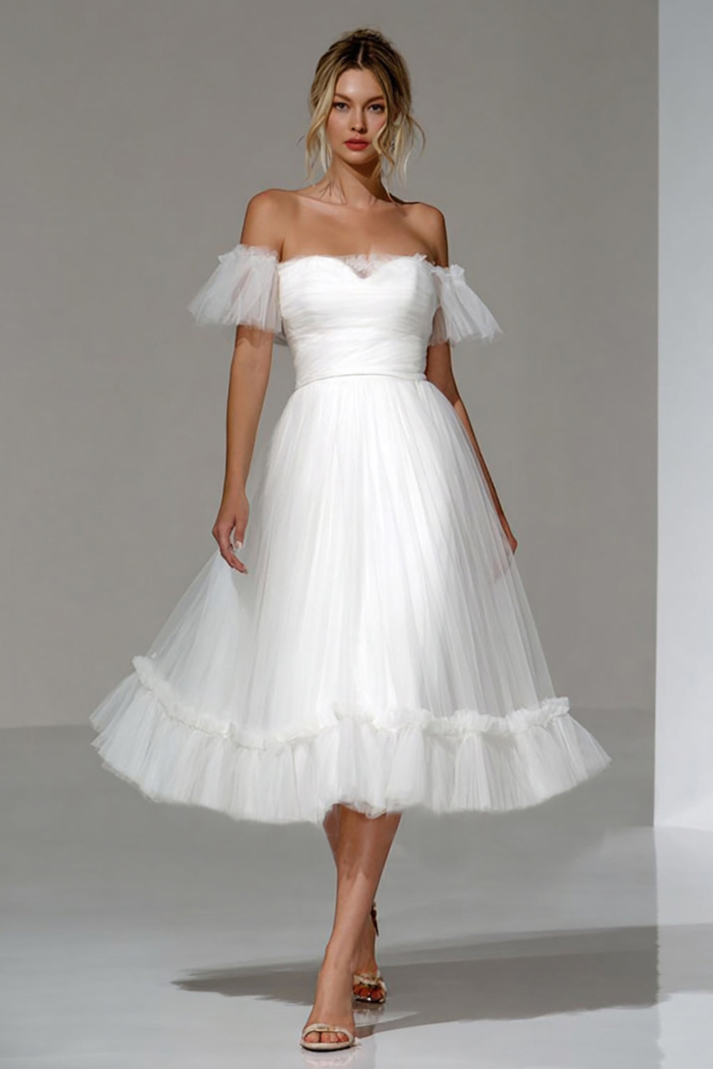 Zapakasa Women White Tulle Midi Engagement Dress A Line Off the Shoulder Rehearsal Dinner Dress Zapakasa Women White Tulle Midi Engagement Dress A Line Off the Shoulder Rehearsal Dinner Dress