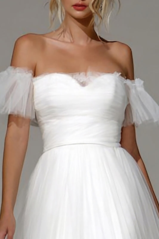 White Off the Shoulder Tulle A Line Midi Engagement Dress