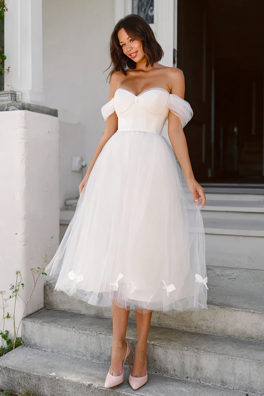 Zapakasa Women White Tulle Midi Engagement Dress with Bows Off the Shoulder A Line Rehearsal Dinner Dress Zapakasa Women White Tulle Midi Engagement Dress with Bows Off the Shoulder A Line Rehearsal Dinner Dress