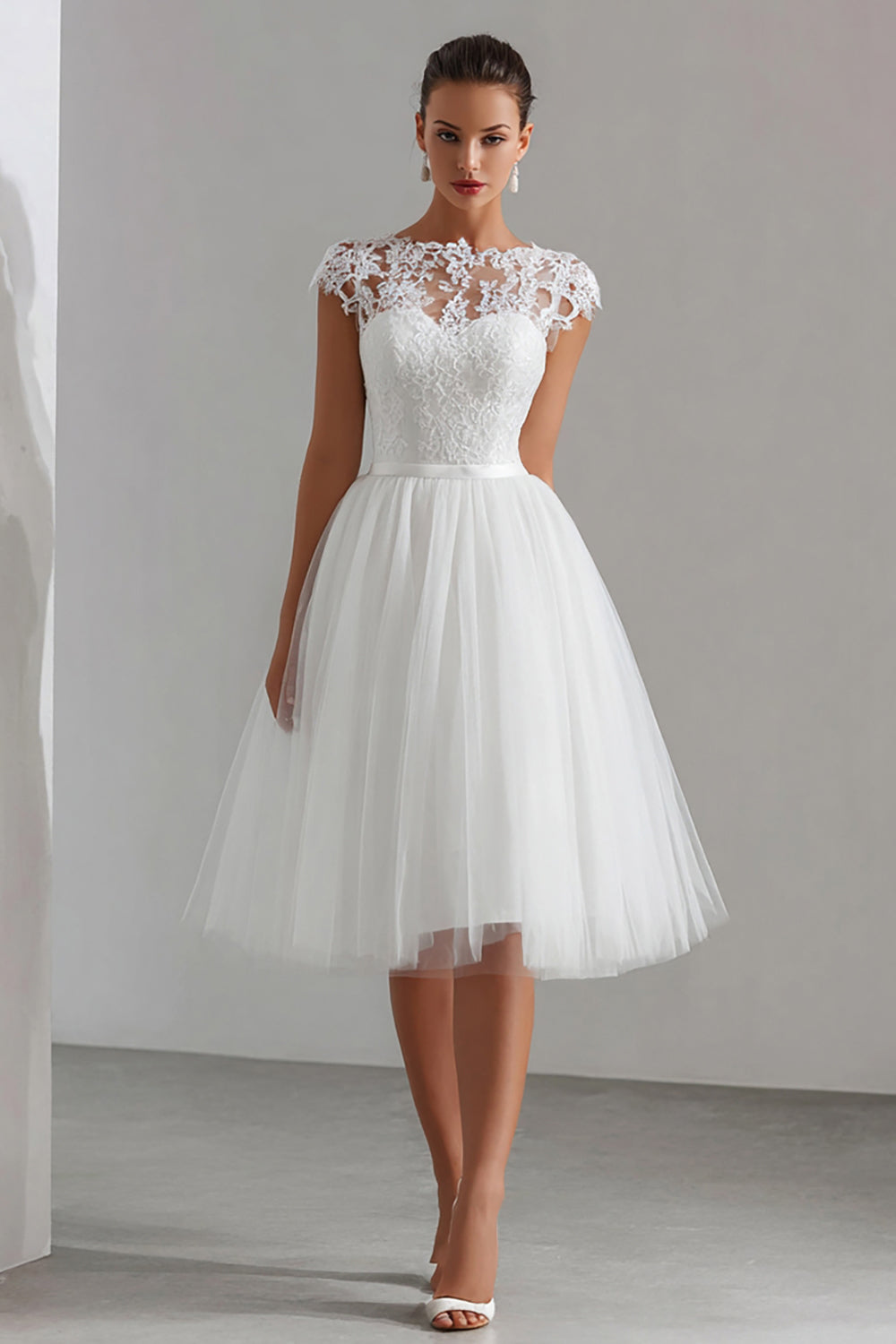 Zapakasa Women White Tulle Midi Engagement Dress with Lace A Line Bateau Neck Bridal Shower Dress Zapakasa Women White Tulle Midi Engagement Dress with Lace A Line Bateau Neck Bridal Shower Dress