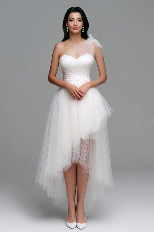 White One Shoulder Tulle A Line High Low Engagement Dress