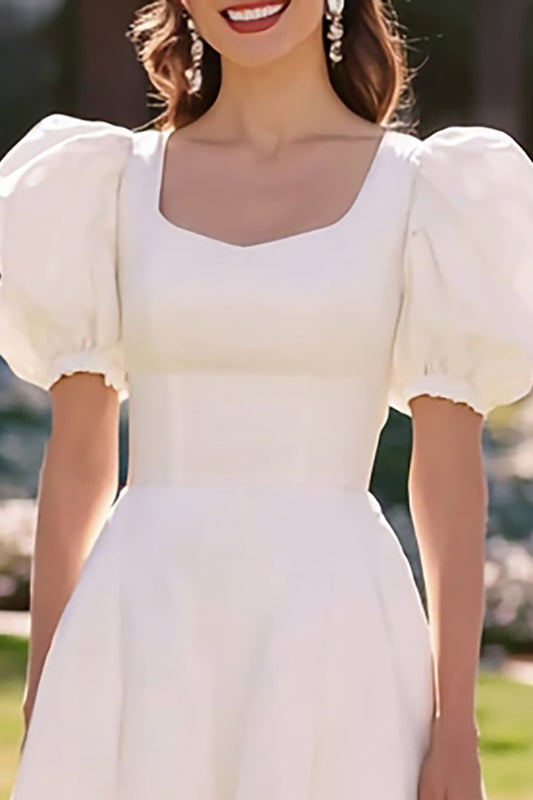 Simple White A Line Midi Engagement Dress with Sleeves
