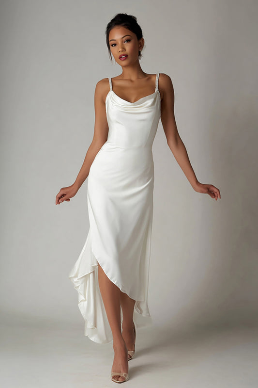 Simple White Spaghetti Straps Asymmetrical Engagement Dress