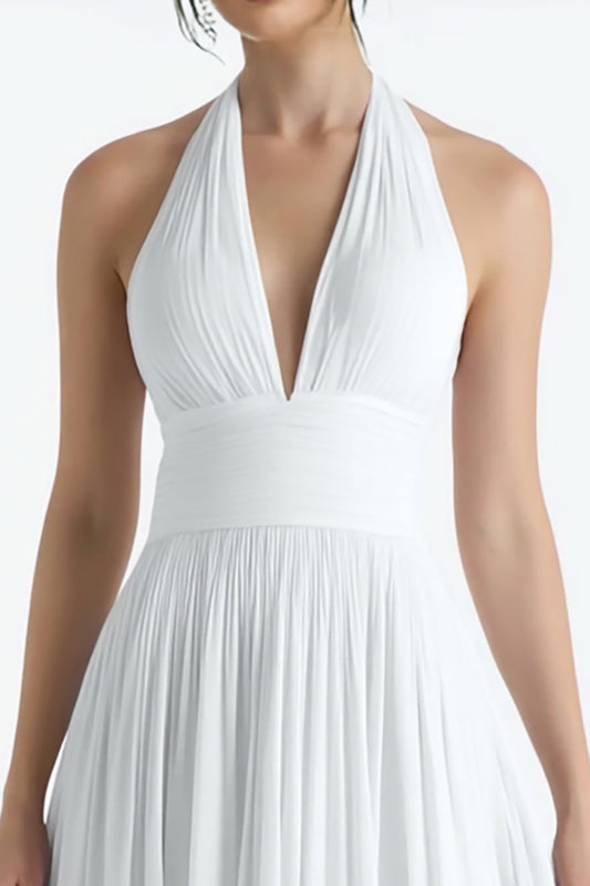 White Chiffon A Line Halter Midi Wedding Reception Dress
